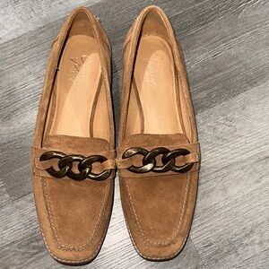 Crown Vintage Tan Suede Loafers with Chain Accent
